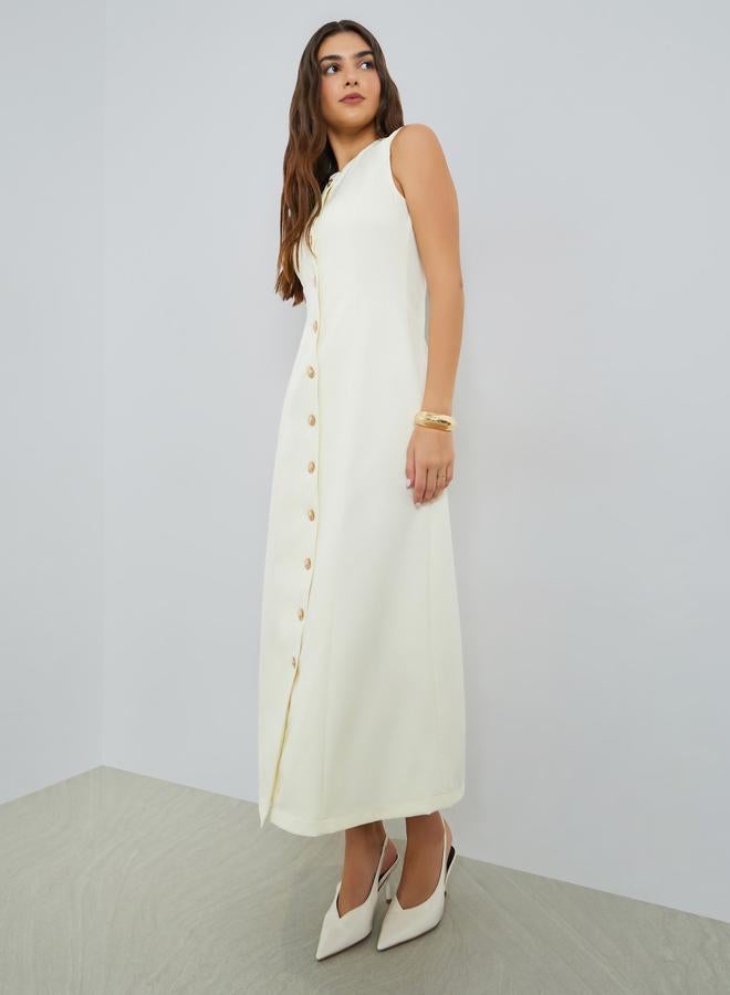 Styli Cream Sleeveless Maxi Dress with Button Detail - Image 3