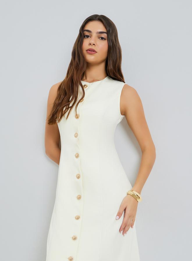Styli Cream Sleeveless Maxi Dress with Button Detail - Image 2