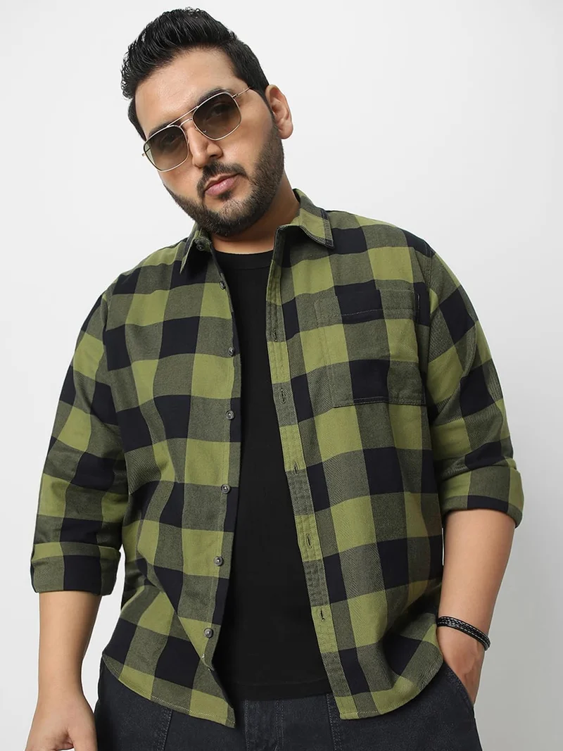 Urbano Fashion  Urbano Plus Men's Green, Black Cotton Full Sleeve Regular Fit Casual Checkered Shirt  | Best Price UAE