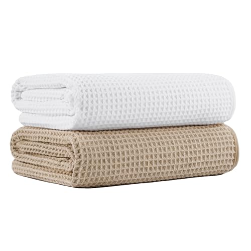 MICROFI New Microfiber Waffle Bath Towels, 2 Pieces, Oversized, Soft, Absorbent, Fast Drying, Lint Free 430 GSM (Beige+White) - Image 1