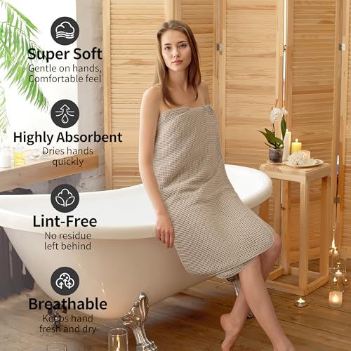 MICROFI New Microfiber Waffle Bath Towels, 2 Pieces, Oversized, Soft, Absorbent, Fast Drying, Lint Free 430 GSM (Beige+White) - Image 4