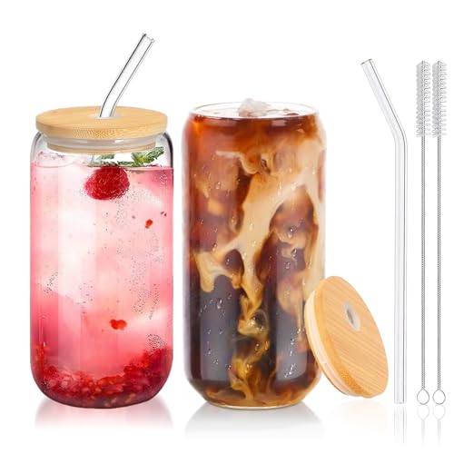 DAMCONME Glass Cups with Lids and Straws 2PcsCute Glass Cups for Iced Coffee Smoothies Whiskey Matcha Mojito Soda16 Oz2 Brush - Image 1