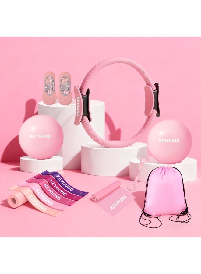 12-Piece Pilates Ring Set with Leg Thigh Massager – Yoga Fitness Magic Circle, 9.8-Inch Fitness Ball, Resistance Band, Pilates Equipment Accessories for Home Gym, Body Shaping, Fitness Gift - Image 1