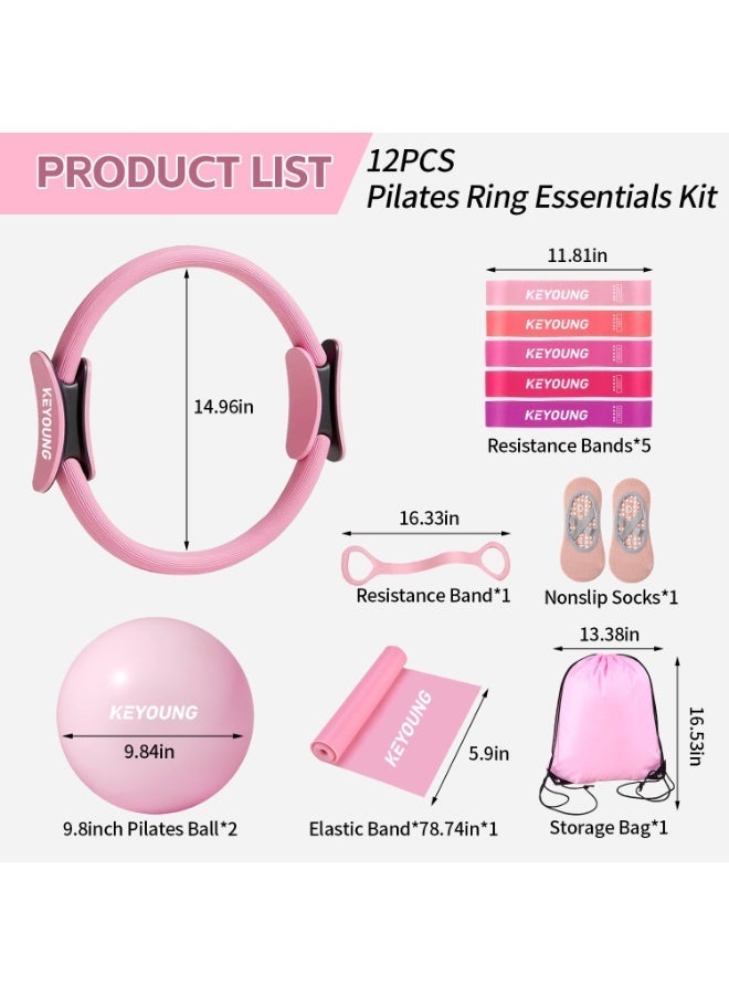 12-Piece Pilates Ring Set with Leg Thigh Massager – Yoga Fitness Magic Circle, 9.8-Inch Fitness Ball, Resistance Band, Pilates Equipment Accessories for Home Gym, Body Shaping, Fitness Gift - Image 2