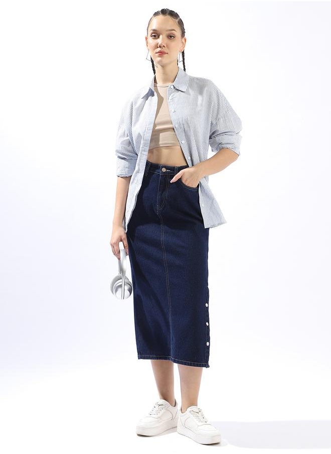 Hubberholme Pure Cotton Straight Midi Denim Side Slit Skirts  - Image 1