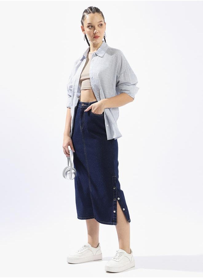 Hubberholme Pure Cotton Straight Midi Denim Side Slit Skirts  - Image 5