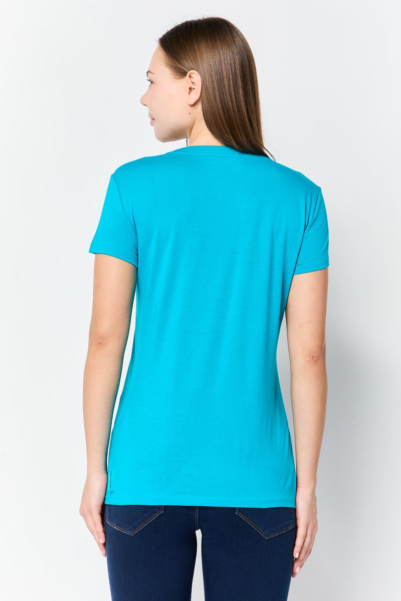 armani AX Armani Exchange Women Crew Neck Short Sleeve Solid T-Shirt, Cyan Blue - Image 4