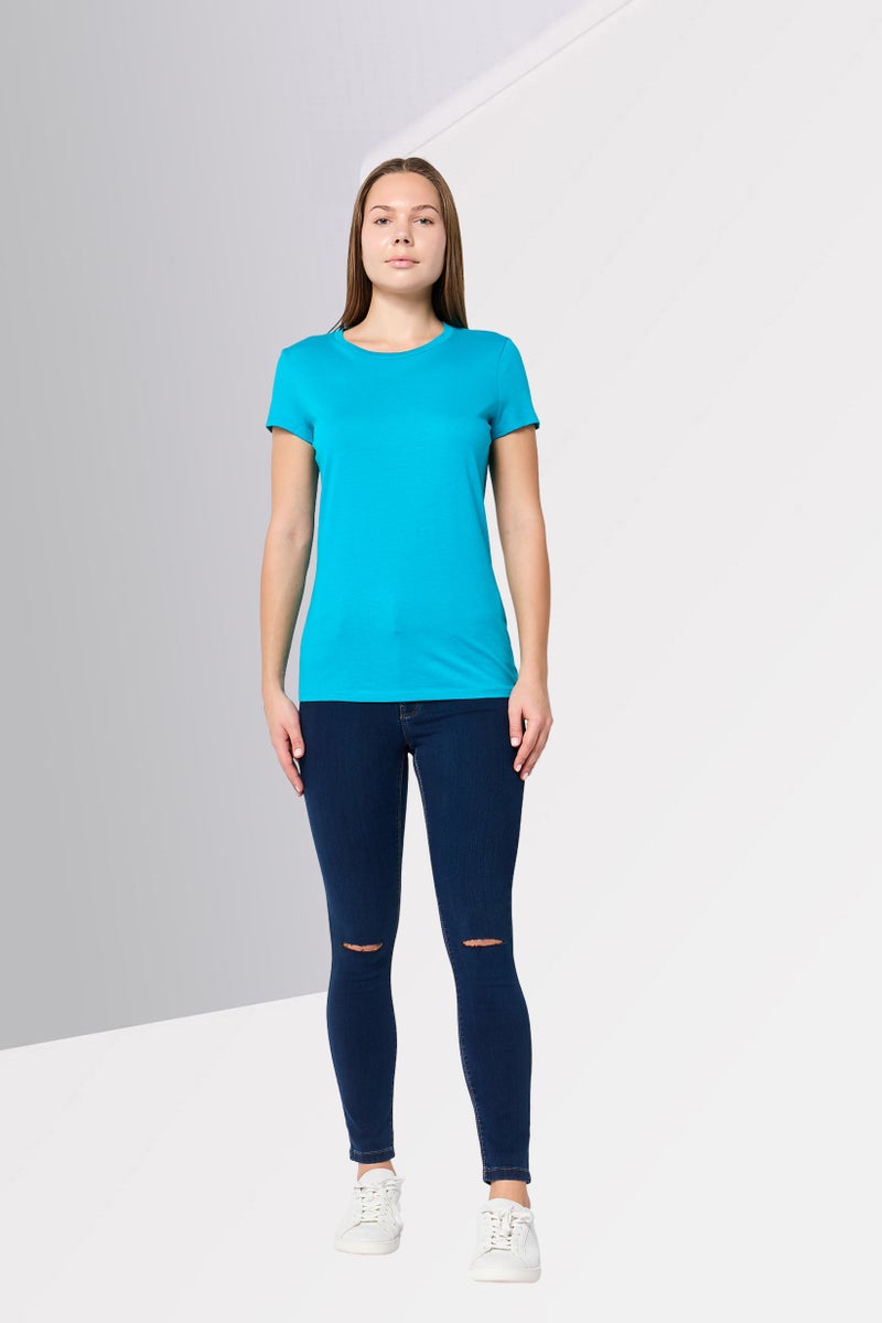 armani AX Armani Exchange Women Crew Neck Short Sleeve Solid T-Shirt, Cyan Blue - Image 2