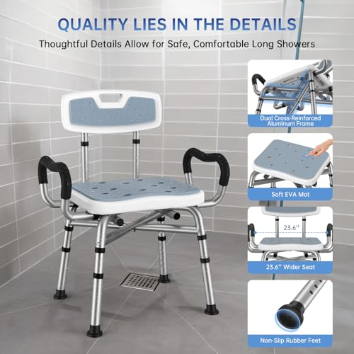 BRITULIF Adjustable Shower Chair with Arms & Back, Stable Heavy Duty 550lbs Safety Bathtub Seat with Non-Slip Feet, Rust-Resistant Aluminum Frame & Tool-Free Assembly for Elderly & Disabled - Image 4