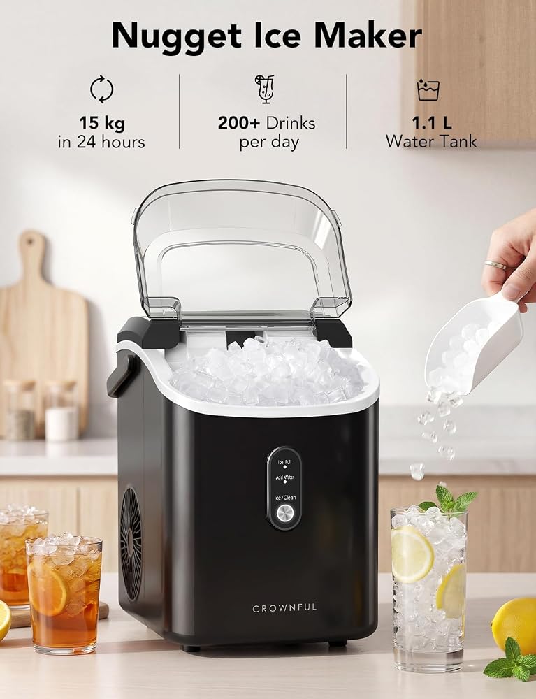 CROWNFUL Nugget Ice Maker Countertop, Portable Pebble Ice Maker Machine, 15kg/24H Soft Chewable Ice, First Ice in 8 Mins, 1.1L Water Tank, Self-Cleaning, Quiet Operation for Home Kitchen Office Drinks - Image 2