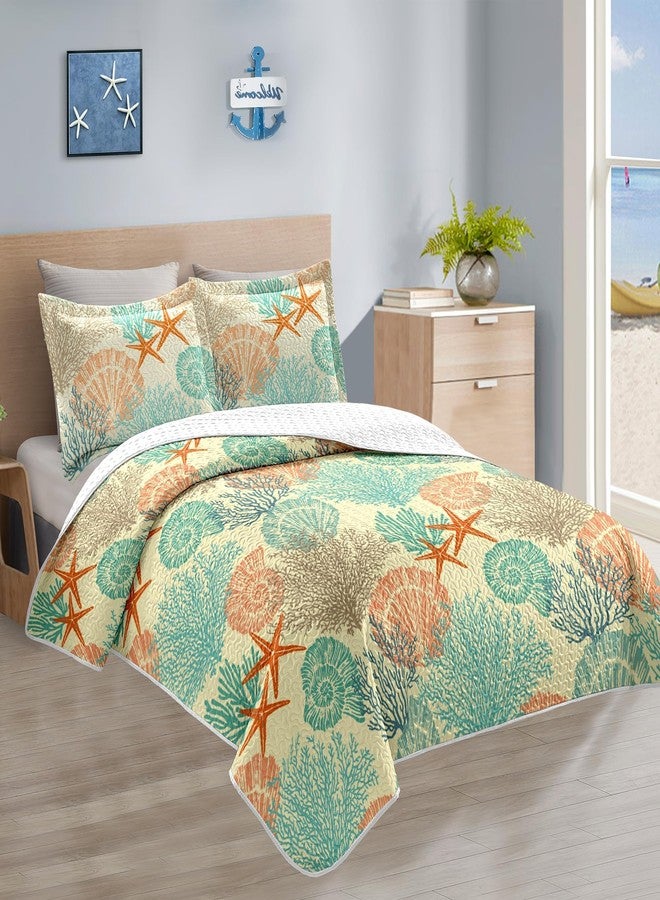 Tritard 3 Piece Coastal Quilt Sets Full/Queen Size - Reversible Microfiber Quilts with 2 Shams Soft Lightweight Beach Bedding Nautical Bedspread Coverlet Summer Comforter for All Season, 90''x96'', C4 - Image 2