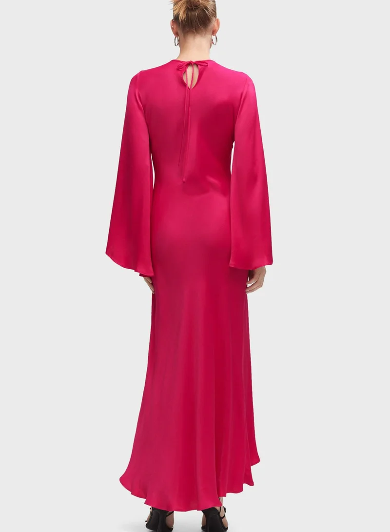 green emerald velvet dress Chic Mock Neck Dramatic Flared Sleeve Mini Dress Mango from Fore