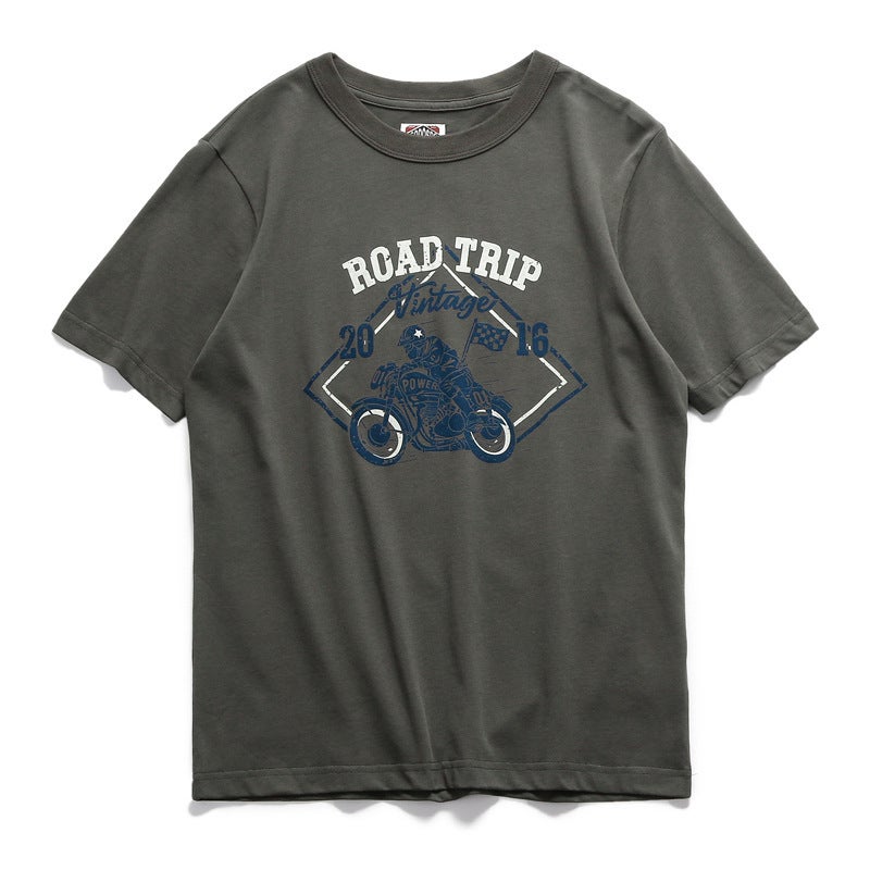 260G American-Style Vintage Pure Cotton Motorcycle Print Round Neck Men'S Short-Sleeve T-Shirt Vintage Motorcycle - Image 1