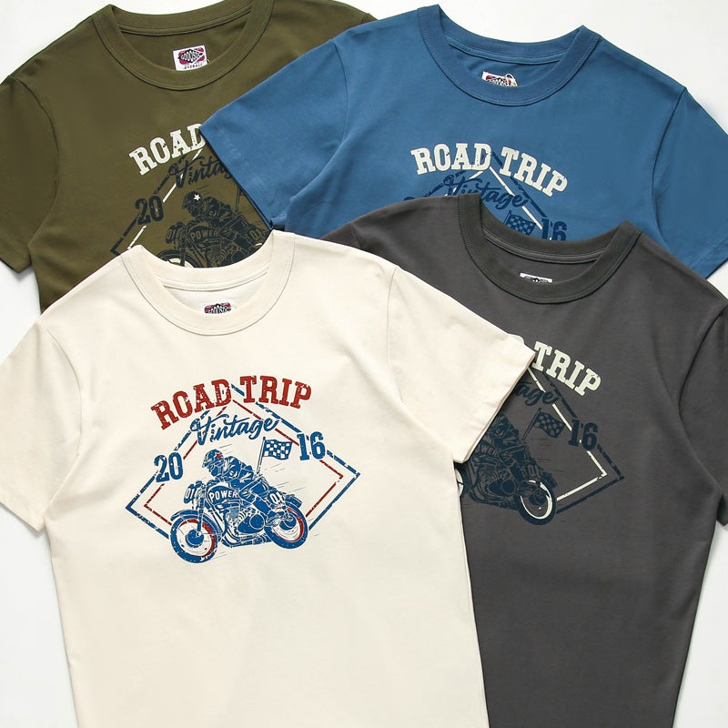 260G American-Style Vintage Pure Cotton Motorcycle Print Round Neck Men'S Short-Sleeve T-Shirt Vintage Motorcycle - Image 2