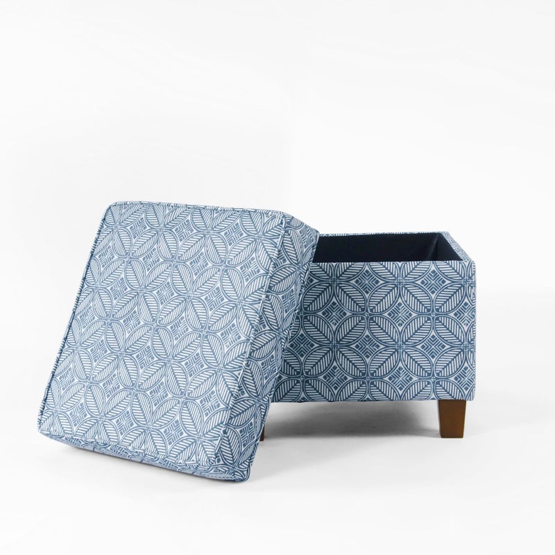 Homepop Home Decor | K7342-A874 | Classic Square Storage Ottoman with Lift Off Lid | Ottoman with Storage for Living Room & Bedroom, Blue Indigo Print - Image 1