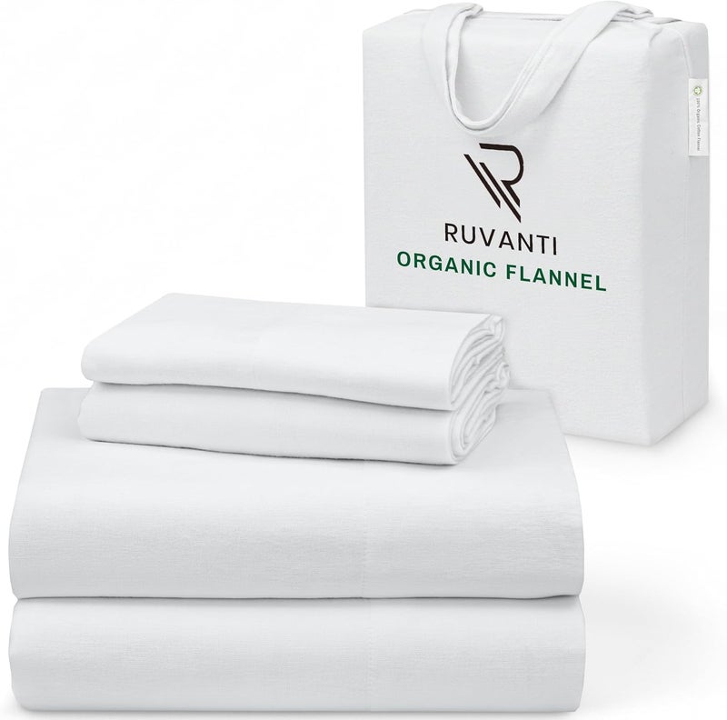 RUVANTI Flannel Sheets Queen Size - GOTS Certified 100% Organic Cotton, 4 Piece Warm, Soft & Breathable Set, Deep Pocket Snug Fit, Double Brushed Cozy All Season Bedding, Pure White - Image 1