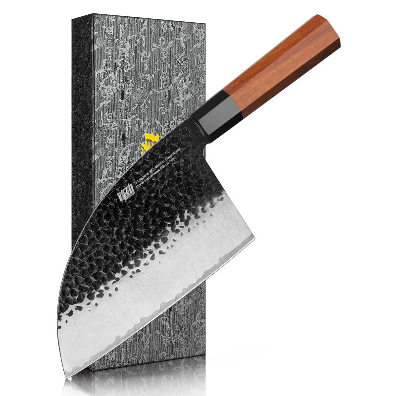 FINDKING Dynasty Series Serbian Chefs Knife with Leather Sheath, Heavy Duty Meat Cleaver, 9Cr18MoV High Carbon Steel Blade, African Rosewood Octagonal Handle, for Meat, Chicken Bones, 6.5 Inches - Image 1