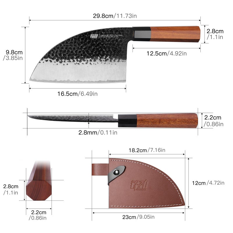 FINDKING Dynasty Series Serbian Chefs Knife with Leather Sheath, Heavy Duty Meat Cleaver, 9Cr18MoV High Carbon Steel Blade, African Rosewood Octagonal Handle, for Meat, Chicken Bones, 6.5 Inches - Image 4