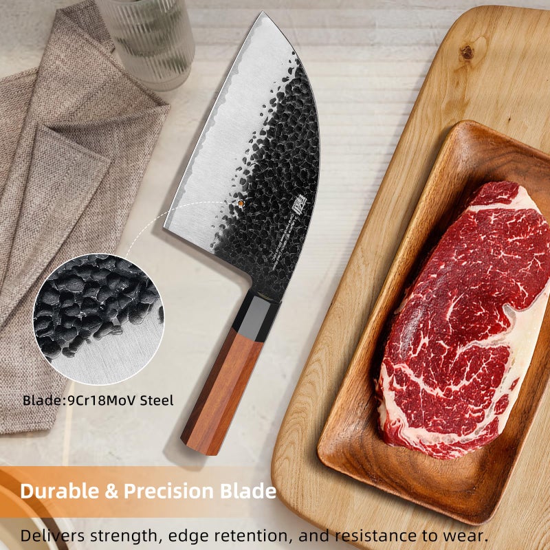 FINDKING Dynasty Series Serbian Chefs Knife with Leather Sheath, Heavy Duty Meat Cleaver, 9Cr18MoV High Carbon Steel Blade, African Rosewood Octagonal Handle, for Meat, Chicken Bones, 6.5 Inches - Image 2