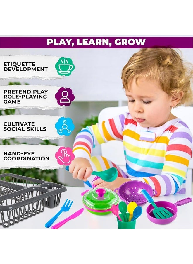 DIMROM Play Kitchen Pots and Pans for Kids Kitchen Playset - 27Pcs Toy Plates and Dishes for Kitchen Set Plastic Dishes and Utensil Sets for Play Kitchens - Kids Playset Play Dishes for Kids Kitchen Toys - Image 2