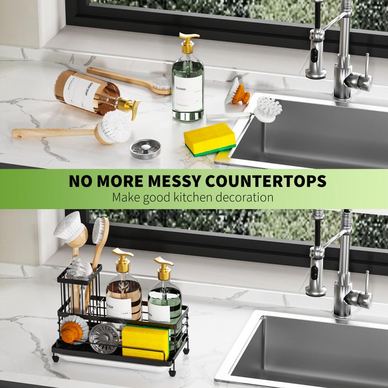 Cisily Kitchen Sink Caddy Organizer  Rustproof Non-Slip Soap Dish Dispenser Brush  Sponge Holder for Kitchen Sink  Kitchen Organization and Storage  Home Essentials Accessories(Matte Black) - Image 5