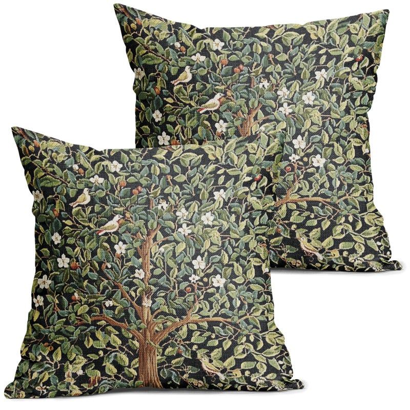 aportt Green Tree Pillow Covers 20X20 Inch Set of 2 Watercolor Forest Bird Floral leaves Decorative Pillow Cases Spring Vintage Leaf Flower Cotton Linen Cushion Case Farmhouse Home Decor For Sofa Couch - Image 1