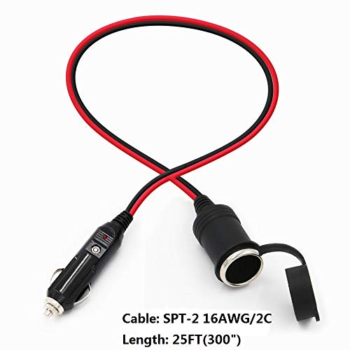 SPARKING 25FT Cigarette Lighter Extension Cord 25FT - Male Plug to Female Socket 16AWG Heavy Duty Extension Cable with LED Lights Power for Tire Pump, Air Compressor (25FT) - Image 2