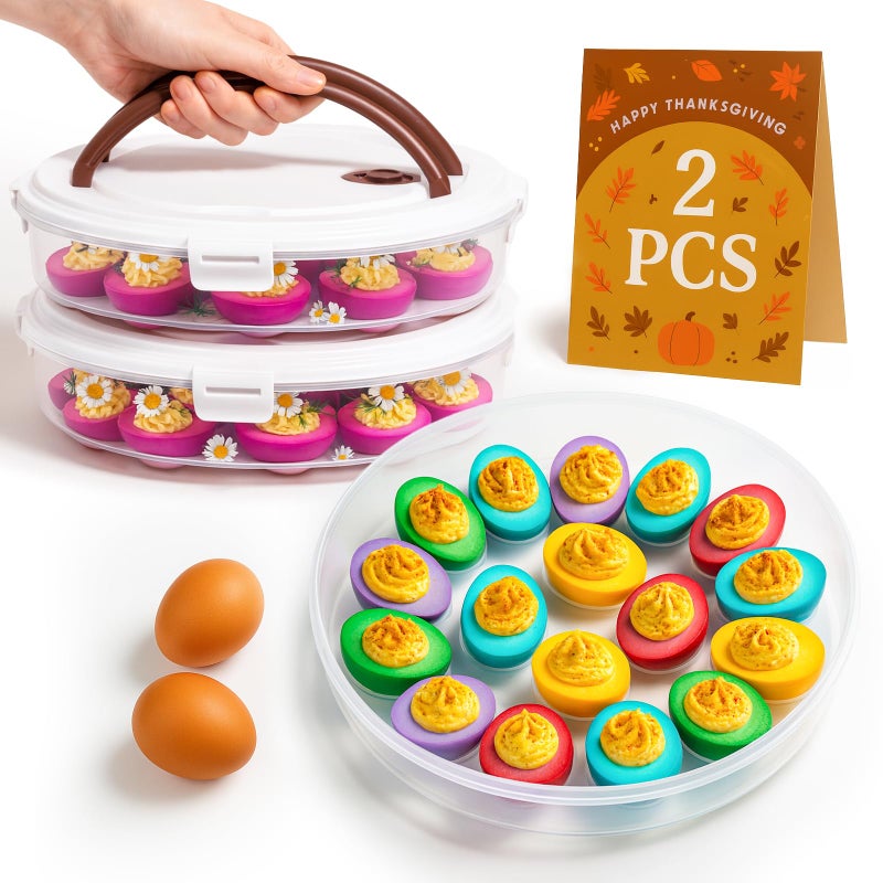 77L 2Pack Deviled Egg Container with Lid 34Egg Platter with Handle Stackable Portable Carrier for Parties Holidays Camping and Fridge Storage - Image 2