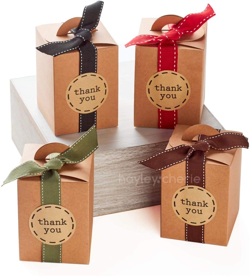 Hayley Cherie Small Gift Boxes with Ribbons  Stickers 20 Pack 47 x 35 Brown Kraft Treat Boxes for Christmas Cookies Candy Decorative Candle Packaging Jars Mugs Bulk Rustic Fall Thank You Favors Empty
