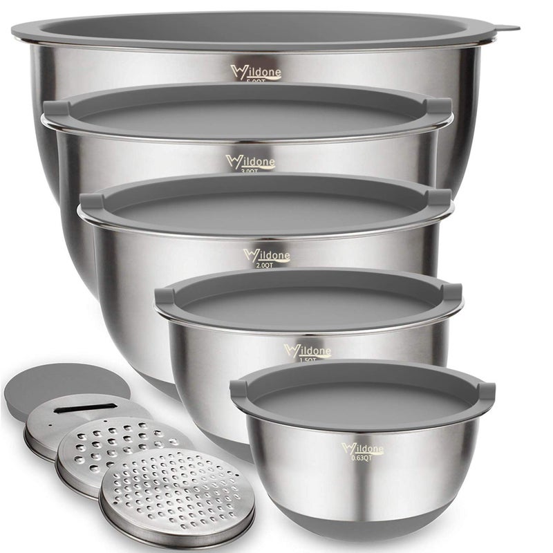 Wildone Mixing Bowls with Airtight Lids Set 5PCS Stainless Steel Nesting Bowls Set for Kitchen with Grater Attachments NonSlip Bottoms Size 5 3 2 15 063 QT Great for Baking Serving