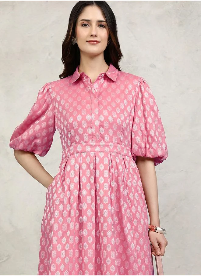 Vishudh Printed Puff Sleeve Shirt Midi Dress by Styli