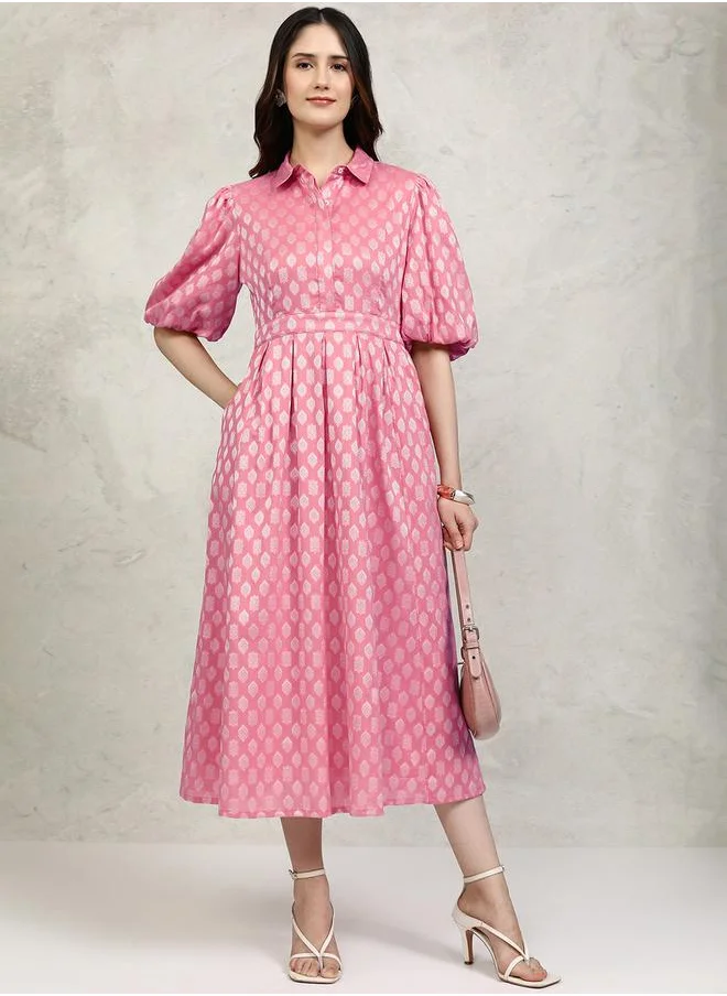 Vishudh Printed Puff Sleeve Shirt Midi Dress by Styli