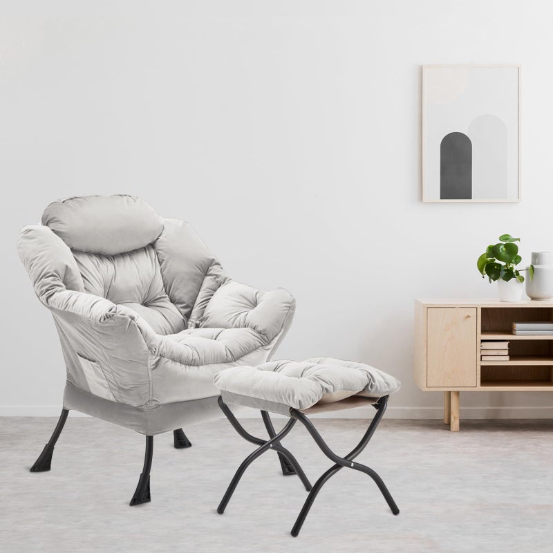 Youtanic Lazy Chair with Folding Ottoman, Accent Chair Velvet Upholstered with Metal Structure and Non-Slip Pads, Sofa Armchair with Footrest and Side Storage Bag for Dorm, Room, Office, Light Gray - Image 2