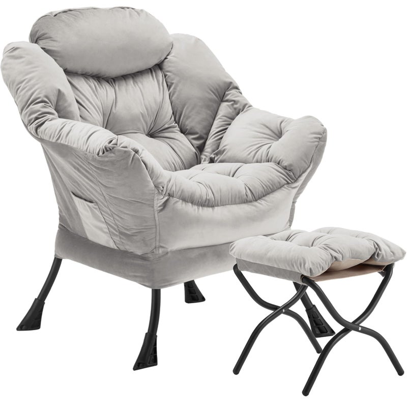 Youtanic Lazy Chair with Folding Ottoman, Accent Chair Velvet Upholstered with Metal Structure and Non-Slip Pads, Sofa Armchair with Footrest and Side Storage Bag for Dorm, Room, Office, Light Gray - Image 1