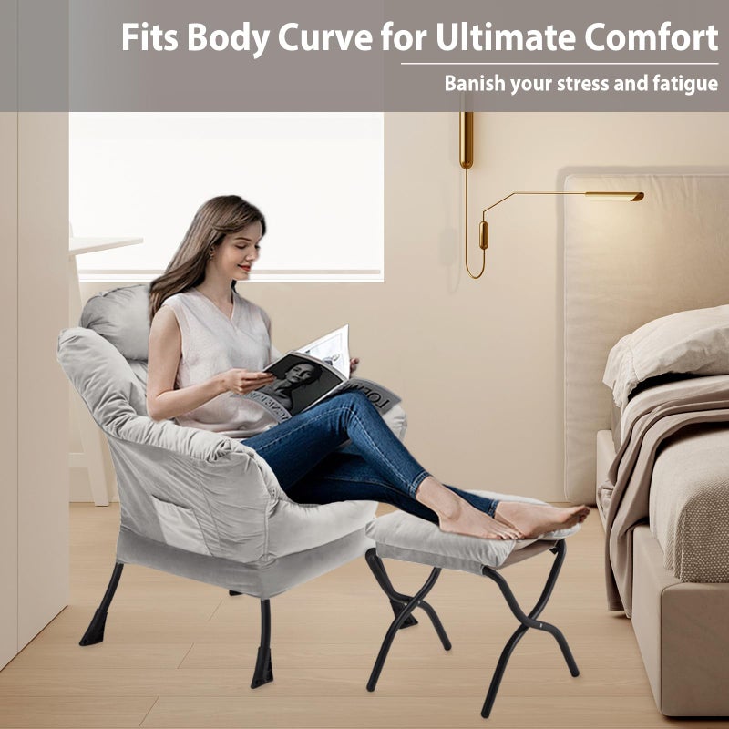 Youtanic Lazy Chair with Folding Ottoman, Accent Chair Velvet Upholstered with Metal Structure and Non-Slip Pads, Sofa Armchair with Footrest and Side Storage Bag for Dorm, Room, Office, Light Gray - Image 5
