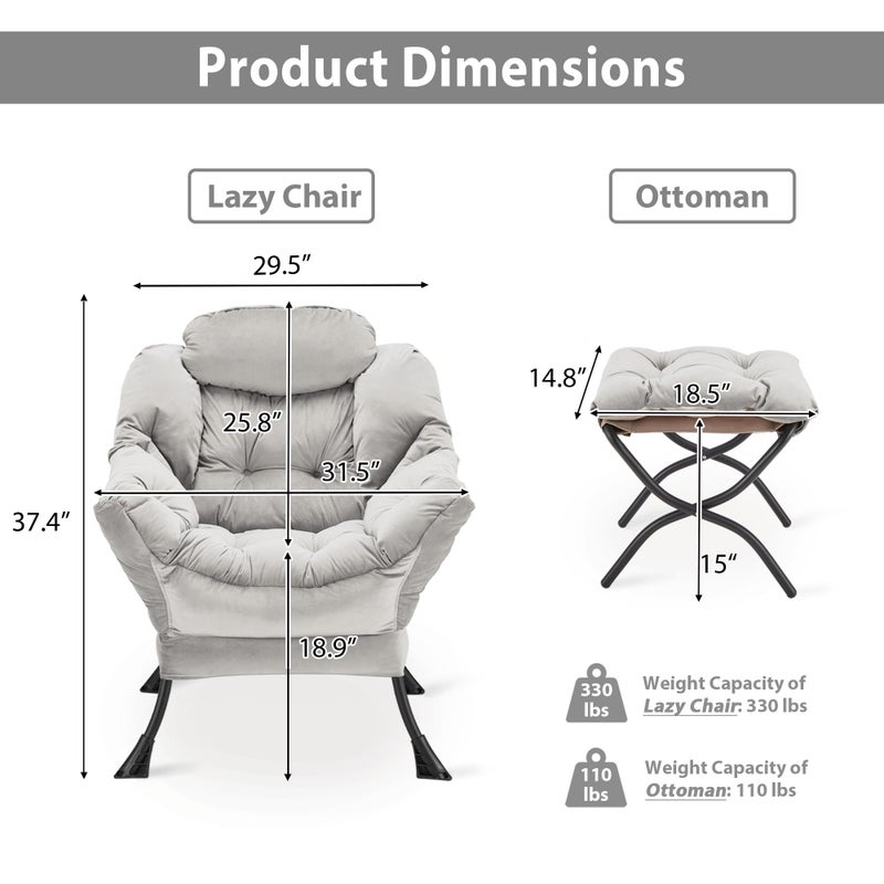 Youtanic Lazy Chair with Folding Ottoman, Accent Chair Velvet Upholstered with Metal Structure and Non-Slip Pads, Sofa Armchair with Footrest and Side Storage Bag for Dorm, Room, Office, Light Gray - Image 3