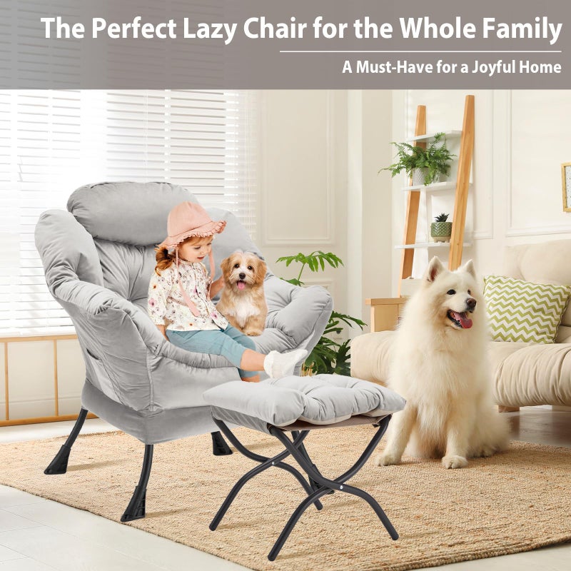 Youtanic Lazy Chair with Folding Ottoman, Accent Chair Velvet Upholstered with Metal Structure and Non-Slip Pads, Sofa Armchair with Footrest and Side Storage Bag for Dorm, Room, Office, Light Gray - Image 4