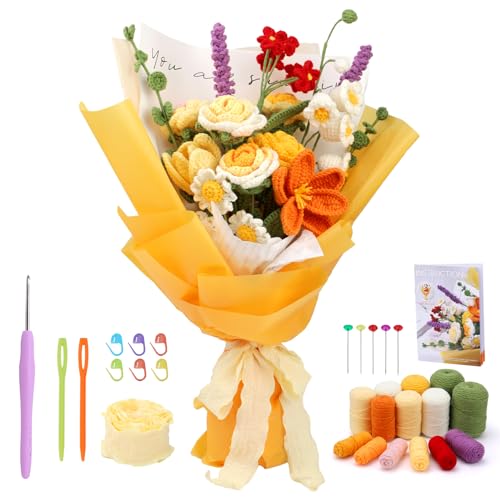Iuuidu Crochet Kit for Beginners, Flower Bouquet Crochet Kit Rose, Knitting Starter Kit with Crochet Yarn and Step-by-Step Instructions for Birthday, Wedding Anniversary Day Present - Image 1