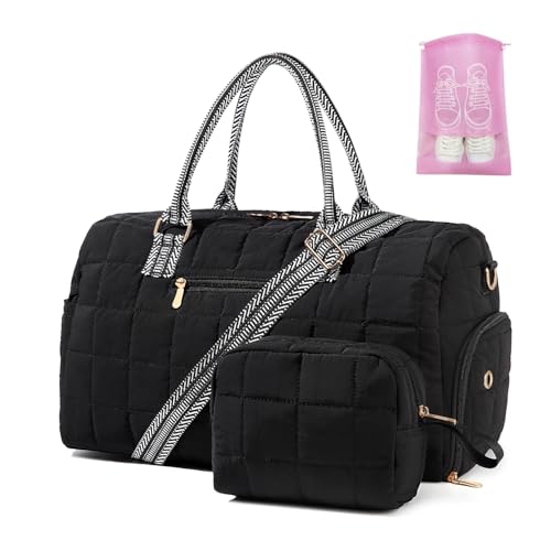 BAVERGE Duffle Bag for Travel, Puffy Weekender Bag with Shoe Compartment, Carry On Overnight Bag for Women with Toiletry Bag, Quilted Gym Bag with Wet Pocket, Hospital Bags for Labor and Delivery, Black - Image 1