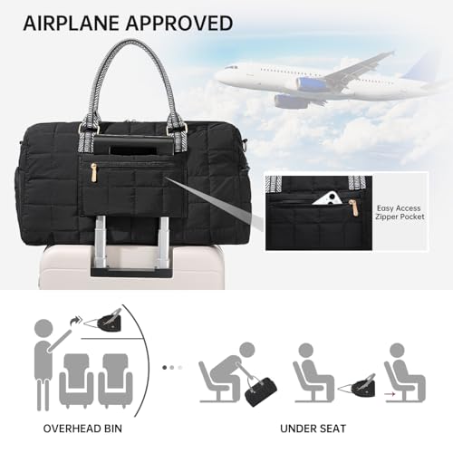 BAVERGE Duffle Bag for Travel, Puffy Weekender Bag with Shoe Compartment, Carry On Overnight Bag for Women with Toiletry Bag, Quilted Gym Bag with Wet Pocket, Hospital Bags for Labor and Delivery, Black - Image 3