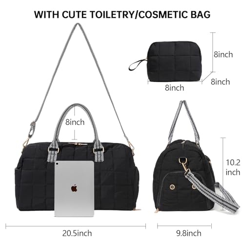 BAVERGE Duffle Bag for Travel, Puffy Weekender Bag with Shoe Compartment, Carry On Overnight Bag for Women with Toiletry Bag, Quilted Gym Bag with Wet Pocket, Hospital Bags for Labor and Delivery, Black - Image 2