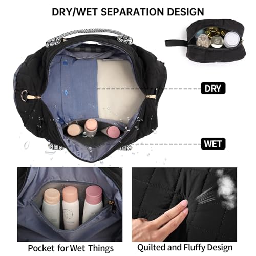 BAVERGE Duffle Bag for Travel, Puffy Weekender Bag with Shoe Compartment, Carry On Overnight Bag for Women with Toiletry Bag, Quilted Gym Bag with Wet Pocket, Hospital Bags for Labor and Delivery, Black - Image 5