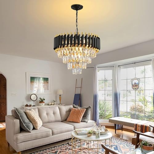 Desidiya Black Mamba Modern Crystal Pendant Light 4 Tiers Black and Gold Fixtures 14” Round, Stainless Steel Tube Crystal Golden Finish Exqusite Design Pendant for Home and Office (500mm) - Image 3