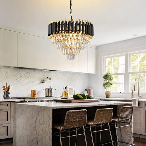 Desidiya Black Mamba Modern Crystal Pendant Light 4 Tiers Black and Gold Fixtures 14” Round, Stainless Steel Tube Crystal Golden Finish Exqusite Design Pendant for Home and Office (500mm) - Image 2