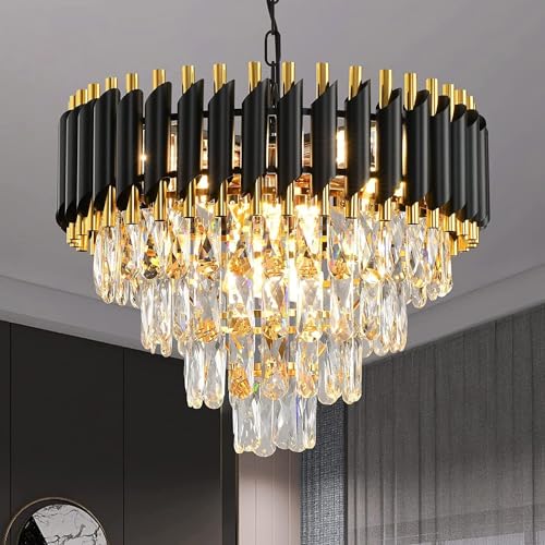 Desidiya Black Mamba Modern Crystal Pendant Light 4 Tiers Black and Gold Fixtures 14” Round, Stainless Steel Tube Crystal Golden Finish Exqusite Design Pendant for Home and Office (500mm) - Image 1