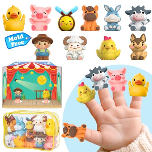 Oriate Animal Farm Finger Puppets, Bath Toys for Kids with Storage Bags, Toddler Toys for Story Time Stuffer with Puppet Theater, Educational Travel Kit Party Favors 12m+ 10Pcs - Image 1