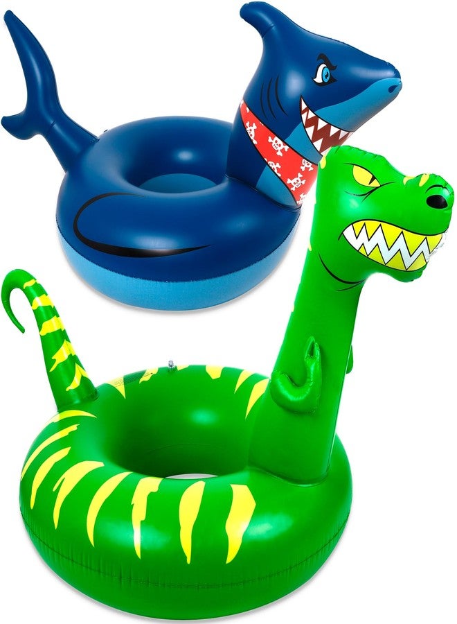 Geefuun 2PCS Pool Floats for Adults Inflatable Dinosaur Shark Swimming Floaties Rings Water Party Supplies - Image 1