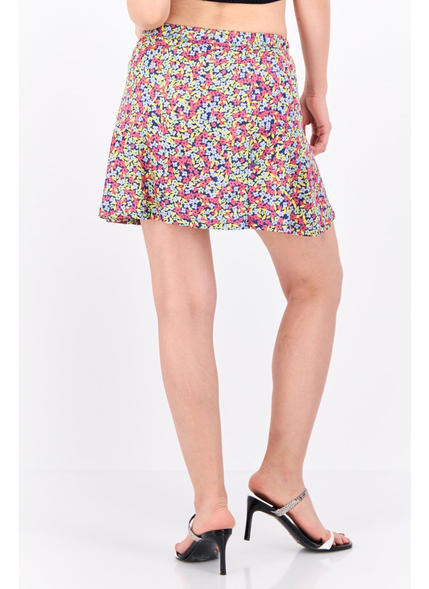 Lefties Women Floral Print Mini Skirt, Fuchsia/Yellow/Navy  - Image 3