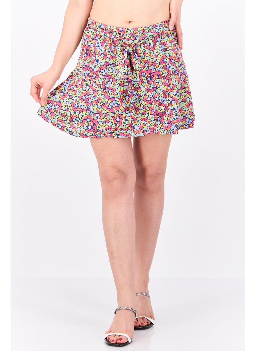 Lefties Women Floral Print Mini Skirt, Fuchsia/Yellow/Navy  - Image 1