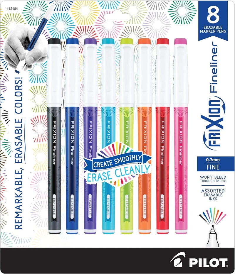 PILOT FriXion Fineliner Erasable Marker Pens, Fine Point 0.7 mm, Pack of 8, Vivid Colors, Erasable Pens - Ideal for School, Journaling, & Office Writing - Image 1